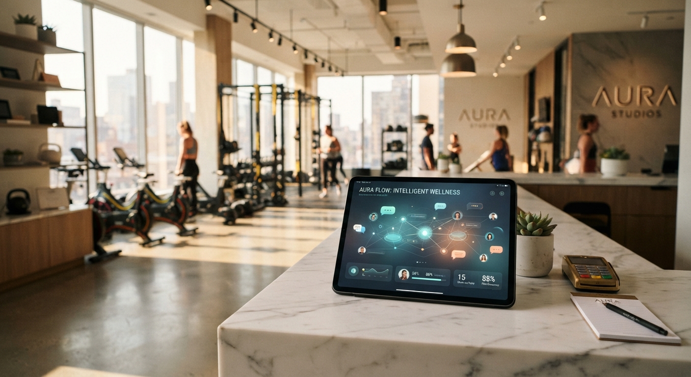 An editorial-style photograph of a modern, upscale boutique fitness studio interior. In the sharp foreground, a sleek, thin-bezel tablet rests on a minimalist marble reception counter. The tablet screen glows softly with a sophisticated, abstract interface featuring glowing data nodes and interconnected chat bubble icons, symbolizing an intelligent digital system. The background is softly blurred with a shallow depth of field, showing a sun-drenched, high-end gym space with polished equipment and clean lines. The lighting is a blend of warm natural sunlight and cool, modern architectural accents. The overall atmosphere is professional and technologically advanced, representing the seamless fusion of digital automation and physical wellness.
