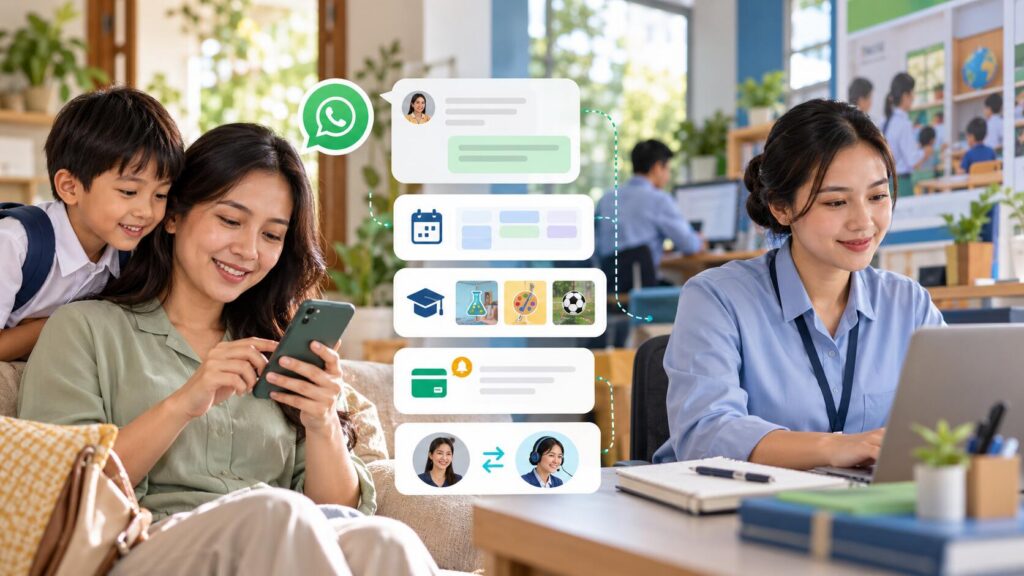 Ilustrasi orang tua, siswa, dan staf bimbel terhubung melalui layanan chat