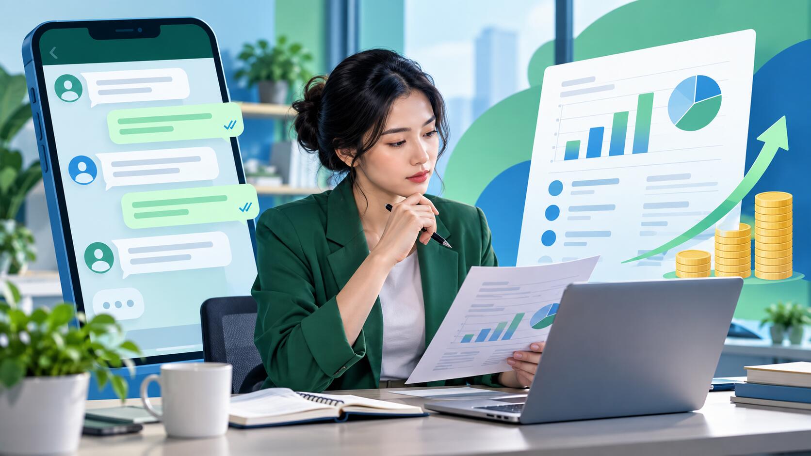 Ilustrasi operator bisnis meninjau biaya dan volume percakapan WhatsApp