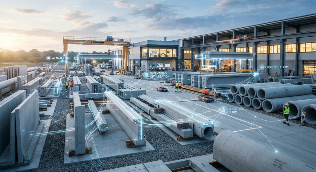 Pabrik beton prefabrikasi dengan visualisasi digital yang menunjukkan alur logistik, optimasi inventaris, dan analitik AI