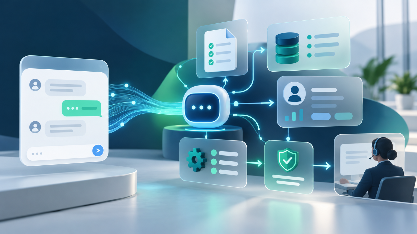Ilustrasi alur dari chatbot FAQ menuju AI Agent yang terhubung dengan SOP, CRM, guardrail, dan handoff manusia